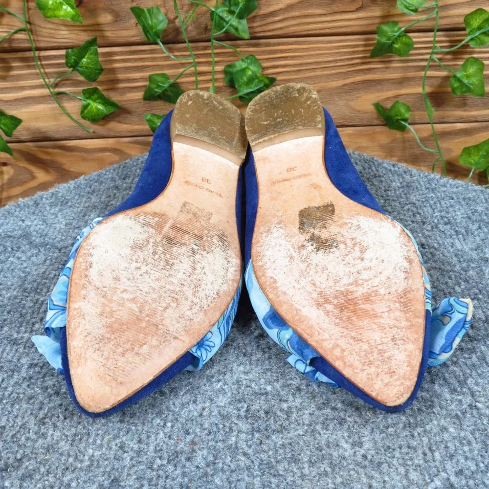 Italian Made Blue Suede‎ Ballet Flats Bow Detail Women EU 38 Pointed Toe